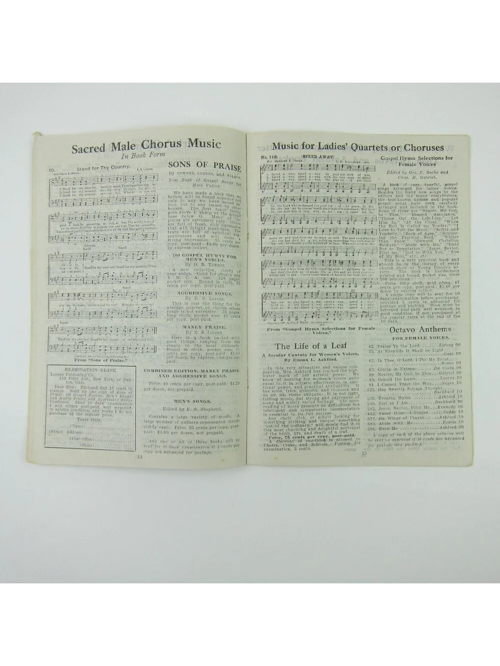 Sheet Music Catalog Sacred Choir Sunday School Lorenz Publishing Co Antique 1910